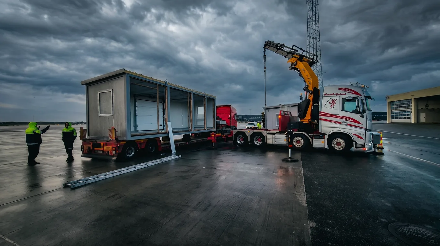 Containerfabrikkens monteringsteam på Stavanger lufthavn Sola — moduler under montering